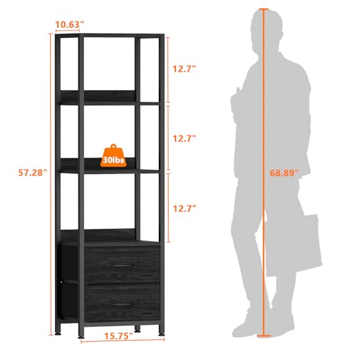 Furnulem 4-Tier Corner Shelf, Bookshelf with 2 Storage Drawers, 57.28”Tall Narrow Bookcase, Standing Shelf Organizer Unit for Living Room, Bedroom, Metal Frame, Wood Display Shelf - color: Black Oak, size: 4 Tier