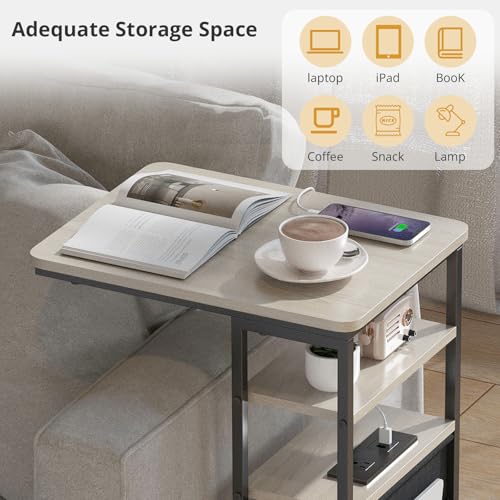 C Shaped End Table with Charging Station, 28"(H) 3-Tier C Table with Storage Bag, Under Couch Table C-Shaped End Table with Storage Shelves and Bag for Living Room, Bedroom, or Office - color: Oak, size: Wood--with Socket