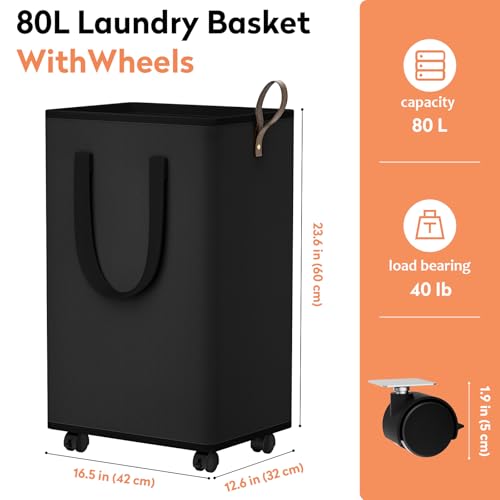 SpaceTrove Laundry Basket with Wheels, Collapsible Laundry Baskets, Laundry Hamper with Handles Detachable Wheels, Rolling Laundry Basket, Dirty Clothes Hamper for Bathroom, Dorm, Bedroom, Black, 80L - color: Black, size: 80L