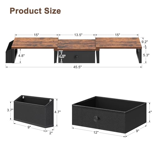 LAND·VOI Heavy Duty Dual Monitor Stand, Holds 2 Screens Up to 27 Inches, Adjustable Length and Angle Monitor Riser, Desk Organizer with Side Pockets and Drawers, Home Office Desk Storage, Rustic Brown - color: Rustic Brown, size: Separate-Type