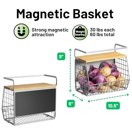 Magnetic Shelf for Fridge with Wood Lid, Fruit Potato and Onion Storage Bins, Pantry Organizers & Storage, Large Container Magnetic Spice Rack for Refrigerator, Kitchen Counter (Silver-gray, 1) - color: Silver-gray, size: 1-Small