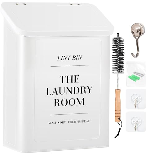 Magnetic Lint Bin for Laundry Room with Lint Brush and Magnetic Hook, Wall Mounted Lint Box with Lid, Farmhouse Laundry Room Decor - color: White, size: Pattern 3
