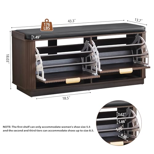 Fluted 3-Tier Entryway Shoe Bench with Drawers and Adjustable Shelves, 43.3'' Wide Shoe Storage Bench with Cushion Seat for Entrance, Hallway, Living Room, End of Bed - Espresso - size: Drawer-espresso