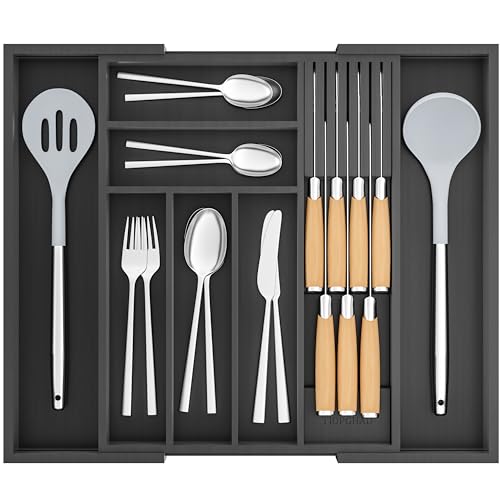 TIOPGHAD Bamboo-Silverware-Drawer-Organizer-Kitchen, Expandable Utensil Holder Cutlery Tray Flatware Organization Adjustable Wood Tableware Dividers Storage (with Removable Knife Block)(Black) - color: Black, size: Large
