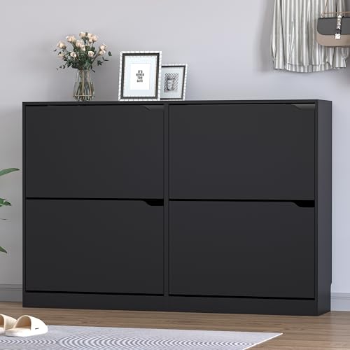 BORNOON Shoe Cabinet with 4 Flip Drawers, Narrow Hidden Shoe Storage Cabinet, Slim Freestanding Shoe Rack Organizer for Entryway, Hallway, Bedroom, Living Room - color: Black, size: 4 Drawers