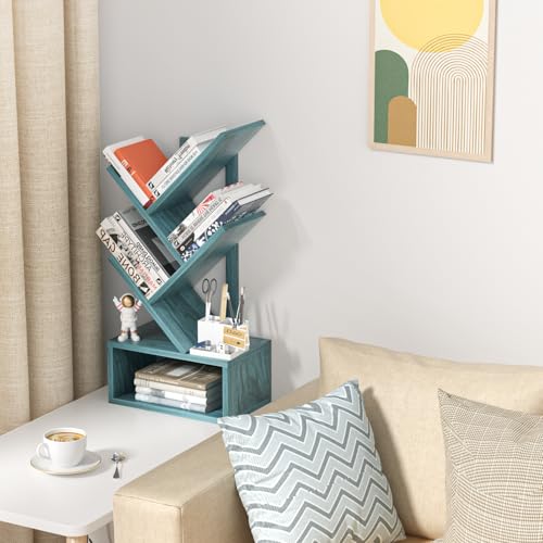 SHEEPAM Small Tree Book Shelf,5 Tier Black Tree Bookshelf,Blue Desktop Bookcase,Modern Desk Display Storage Bookshelves,Floor Standing Organizer Bookcases for Living Room,Bedroom,Office-Blue - color: Navy Blue, size: 5 Tier