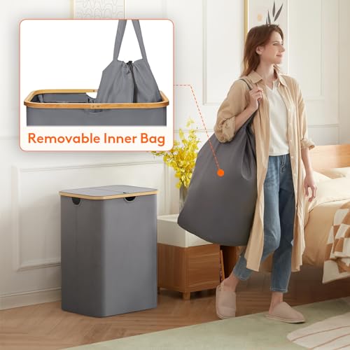 Lifewit 150L Laundry Basket with Lid, Clothes Hampers for Laundry with Bamboo Handles and 2 Removable Bags, Large Foldable Laundry Hamper for Bedroom, Bathroom, Dorm, Grey - color: Gray, size: 150L