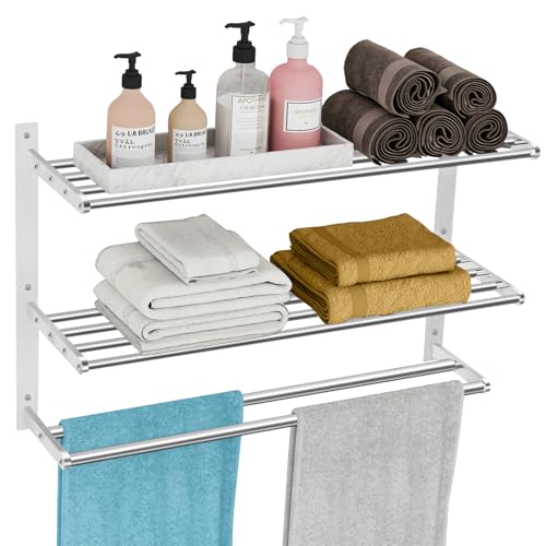 Bathroom Towel Rack 24", 3 Tier Towel Racks for Bathroom Wall Mounted, Bathroom Shelf with Double Towel Bar, Stainless Steel Towel Storage for Bathroom Lavatory Towel Holder Hanger, Brushed Nickel - color: Brushed Nickel, size: 3-Tier