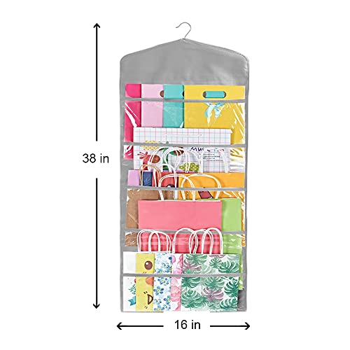 ProPik Hanging Double Sided Gift Bag Storage Organizer with Multiple Front and Back Pockets - Organize Your Gift Wrap, Tissue Paper, and Paper Bags 38 x 16 Inch PVC (Gray) - color: Gray