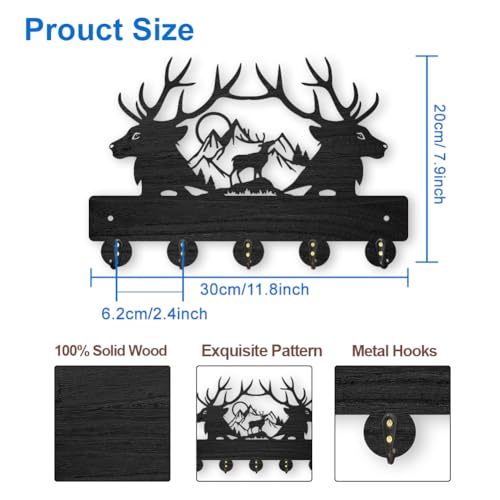 MAYJOYDIY Deer Mountain Forest Coat Hooks Wall Mounted 11.8×7.9inch Black Wooden Deer Key Holder for Wall 5 Alloy Hooks Wall Art Decor Deer Hangers for Towel Key Kitchen Bedroom Entryway Gifts - color: Deer Mountain Forest