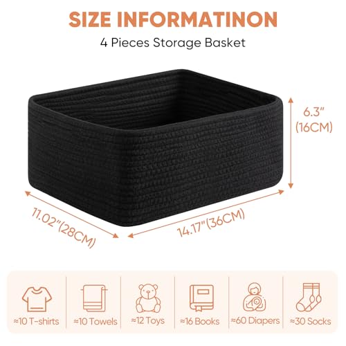 OIAHOMY 4 Pack 14.17 * 11.02 * 6.3IN Storage Baskets for Organizing Shelves, Woven Rope Baskets for Organizing Books, Clothes, Decorative Basket for Living Room, Nursery, Bedroom, Gift Basket, Black - color: Black