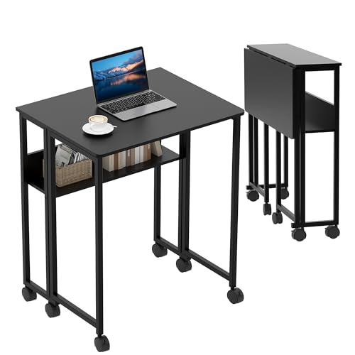 Folding Desk Small Rolling Desk with Storage Shelf,24.8 Inch Foldable Computer Table with Wheels,Portable Office Desk for Small Space Sofa Table,Easy to Fold,Writing Work Office Computer Desk,Black - color: 24.8" Black