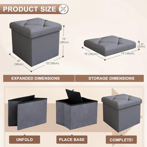 15'' W Storage Ottoman Bench, Folding Storage Bench Ottoman, for Bedroom, Living Room, and Utility Room, Grey - size: 15"D x 15"W x 15"H