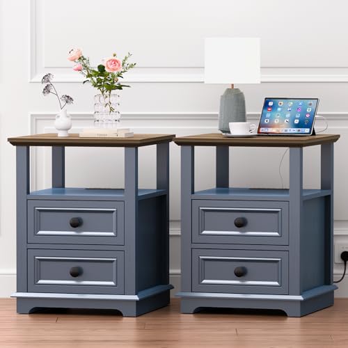 REDAYFUR 18" Wide End Table with Fast Charging Station Set of 2, 18” Wide Sofa Side Table with Drawers,End Table with Drawers for Living Room,Blue - color: Dark Blue, size: 1 Set