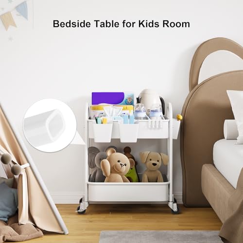 2 Tier Rolling Cart Metal with Wheels, White Under Desk Storage Roller Caddy on Wheels, Two Tiered Short Shelf Trolley, Small Utility Organizer Carts for Dorm, Bathroom, Craft, Art, Baby, Pantry,Snack - color: Simple White, size: 2 tier