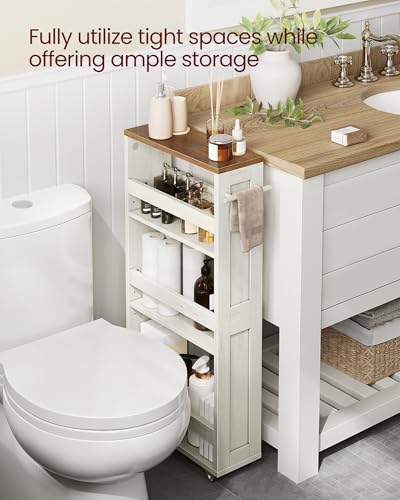 VASAGLE 4-Tier Slide-Out Storage Cart, Slim Kitchen Cart for Small Spaces, with Wheels, Handle, Bathroom, Laundry Room, 5.9 x 17 x 34.1 Inches, Rustic White and Honey Brown ULRC050K01 - color: Rustic White + Honey Brown, size: 5.9"D