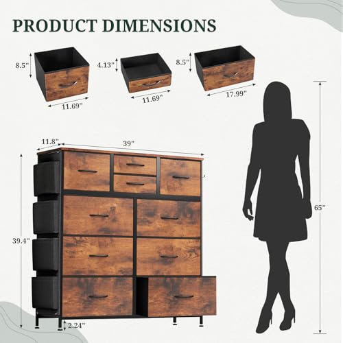 Dresser for Bedroom with Side Pockets and Hooks, 10 Drawers Storage Organizer Chest of Drawers, Sturdy Metal Frame for Living Room, Hallway, Closet, Brown - color: Brown