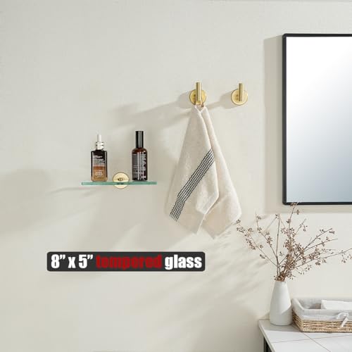 JQK Bathroom Glass Shelf Gold, Tempered Glass Shower Storage 8 by 5 inches, 304 Stainless Steel Brushed Gold Wall Mount 2 Pack, TGS101L8-BG-P2 - color: Gold, size: 8 Inch (2 Pack)