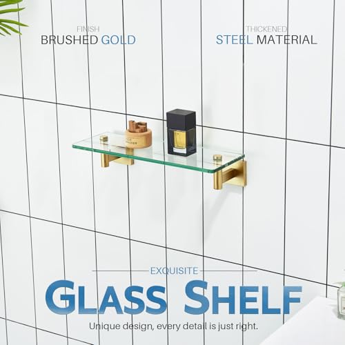 KOKOSIRI Wall Shelves Floating Shelf 12'' Stainless Steel Bathroom Hardware Tempered Glass Small Hanging Rack for Storage/Room Decor Gold B1105BG-L12 - color: Brushed Gold, size: 12-Inch