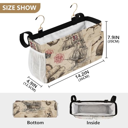 Bedside Caddy Metal Frame Hanging Organizer Bunk Bed Dorm Accessories Hook And Loop Storage Bag Large Pockets Beige Anchor Sail Pirate - color: Beige Anchor Sail Pirate