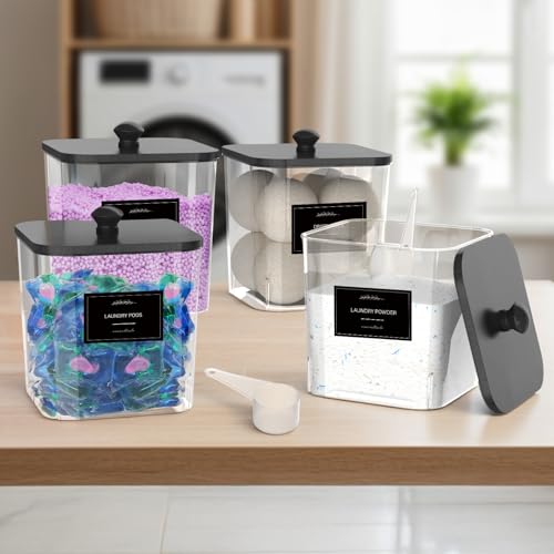 COAZEX 4 Pack Clear Laundry Pods Container, Plastic Square Laundry Room Organization and Storage Jars with Black Lids, Scoops & Labels for Detergent, Powder, Dryer Balls - color: 4 Pack