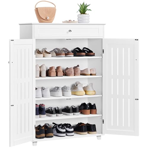 Yaheetech Shoe Cabinet, 5-Tier Shoe Rack Organizer with 1 Drawer, Freestanding Wooden Shoe Storage Cabinet with 2 Louvered Door & Adjustable Shelves for Entryway Hallway, White - color: White, size: 31 x 15 x 45.5''