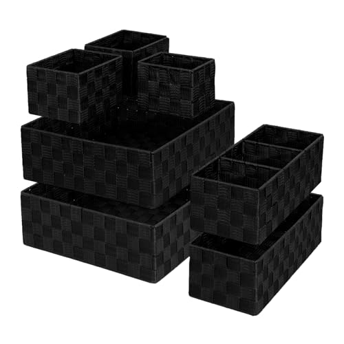 Drawer Organizer, Cube Baskets for Storage Shelves, Handmade Small Woven Basket, Shallow Storage Bins for Organizing Desk, Dresser, Kitchen, Pantry, Nested 7 Pack, Black - color: Black