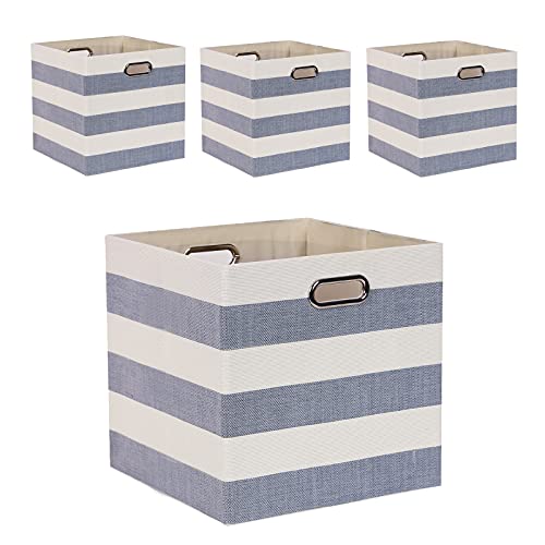 Cube Storage Bins 13×13 Fabric Foldable Box with Handles, Collapsible Organization Basket Set of 4 Large Capacity Drawer for Closet Shelf Cabinet Bookcase Bedroom, Grey-white Stripes - color: Stripes