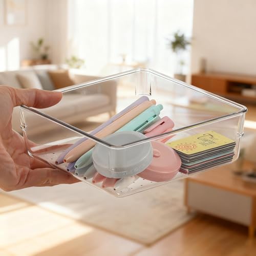 Ohlove 6 Pcs Large Clear Plastic Drawer Organizers Tray 6" x 6" Storage Bins with 25 Pcs Non-Slip Pads for Makeup, Jewelries, Kitchen Utensils, Bathroom and Office - size: 6"x6"