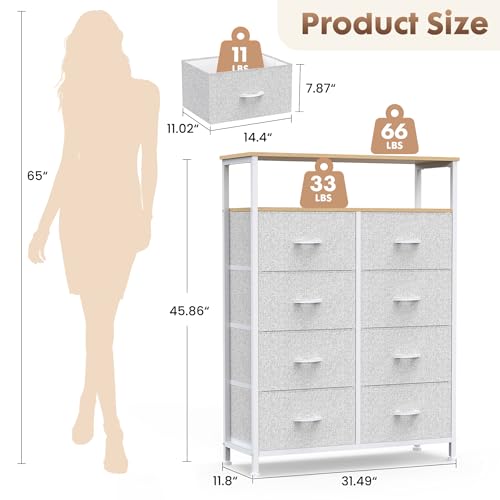DUMOS Fabric Dresser for Bedroom with 8 Drawers, Tall 8-Drawer Chest of Drawers with Raised Shelf, Storage Tower with Fabric Bins for Closet Organization, Hallway Storage, Light Grey - color: Light Grey, size: 31.5"D x 45.9"W x 11.8"H (8 Drawers)