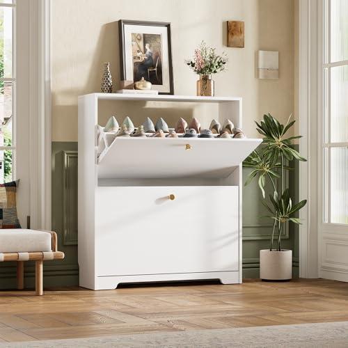 Nicetree Shoe Cabinet with 2 Flip Drawers, Narrow Shoe Organizer Cabinet, Freestanding Shoe Rack Cabinet, Morden Shoe Storage Cabinet for Entryway, Hallway, Foryer, White - color: White, style: 2-Drawers