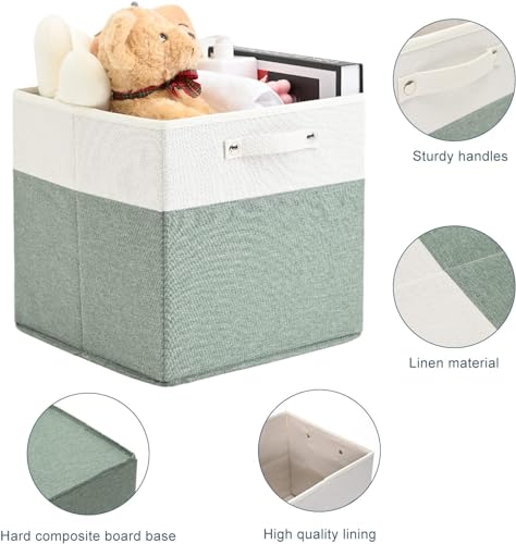 FinishingBo 13 x 13 Inch Fine Linen Storage Bins with Handles，Fabric Cube Boxs，Basket Organizers for Shelves for Home, Closet Drawers (White/Green-6 Pack) - color: White/Green-6 Pack