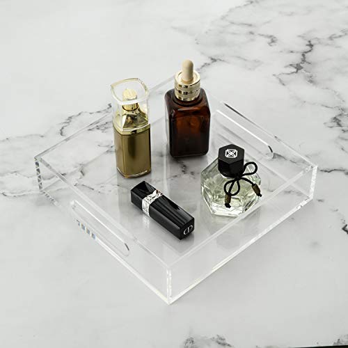 KEVLANG Clear Sturdy Acrylic Tray with Handles-8"x8"x2"H-Countertop Organizer Tray for Kitchen,Bathroom,Office- Storage Box for Cosmetics, Jewelry,Toiletries,Toy,Gadgets - color: Clear, size: 8" x 8" x 2"