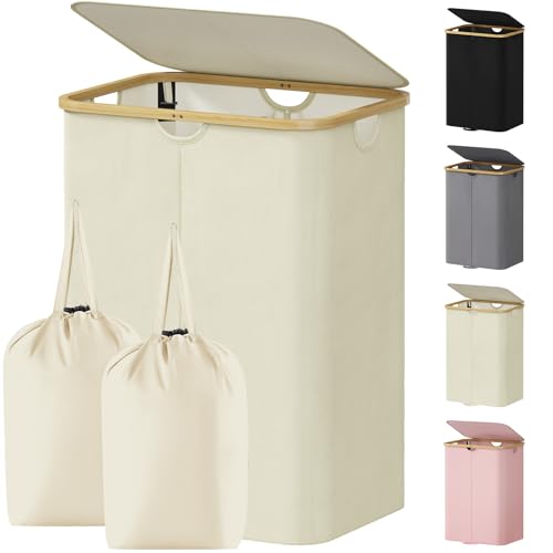 Lifewit 150L Double Laundry Hamper with Lid, Large Laundry Basket with Removable Bag & Bamboo Handles, Fodable Tall Dirty Clothes Hamper for Laundry Collapsible Bin for Bathroom Bedroom Dorm, Beige - color: Beige, size: 150L