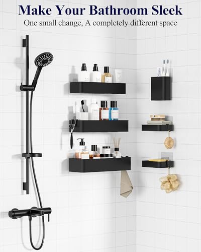 Kitsure Shower Caddy Adhesive - 6-Pack, No-Drilling Shower Shelves with Soap Holder, Toothbrush Holde, 6 Hooks, Rustproof & Stylish Bathroom Organizers and Storage Solution, Black, Large - color: Black