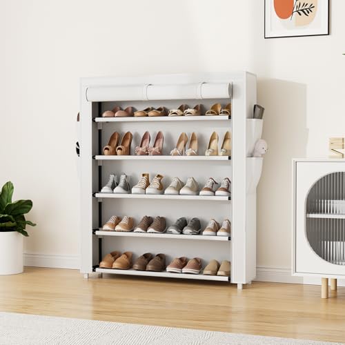 VILICK Shoe Rack with Cover, 5 Tier Shoe Organizer Storage for 20-24 Pair Shoes and Boots Large Shoe Storage Shelf Space Saving Vertical Shoe Rack for Closet, Front Door Entrance, Dorm, Garage, White - color: White, size: 33.8"W-5 Tier