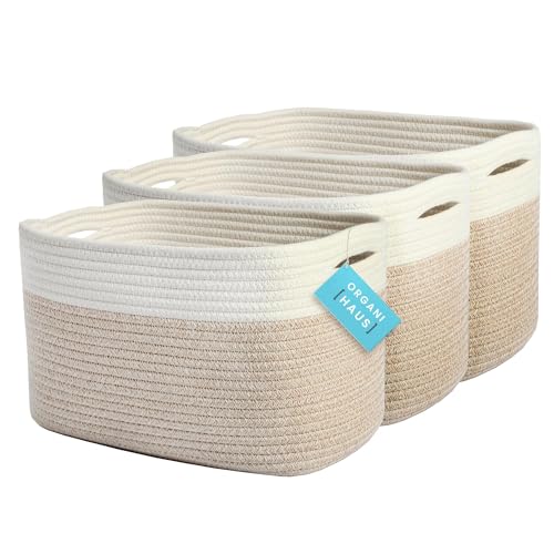 OrganiHaus Rope Baskets for Shelves - Set of 3 Woven Storage Baskets for Organizing, Closet & Toy Storage - Light Honey/Off-White - 15x9x10 - color: Mixed Honey