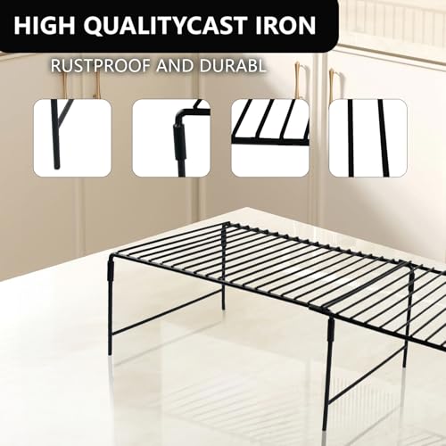 Refrigerator Organizer Freezer Organizer, Expandable Adjustable Kitchen Cabinet Rack for Pantry, Cupboard, Countertop - Space Saving Shelf (Black)