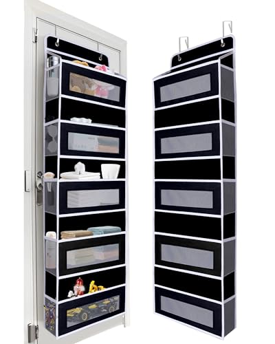 Over The Door Organizer, Reinforced Composite Fabric with Reinforced Stitching and Anti-Sag Structure, 44LB Capacity, 5 Large Pockets & 10 Mesh Pockets for Bathroom, Nursery & Laundry Room (Black) - color: Black