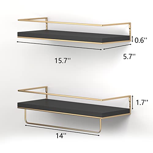 Shario Floating Shelves - Set of 2, Wall Mounted Hanging Shelves with Golden Towel Rack, Decorative Storage Shelves for Bathroom, Kitchen, Living Room & Bedroom (Black Gold, 15.7 Inches) - color: Black Gold