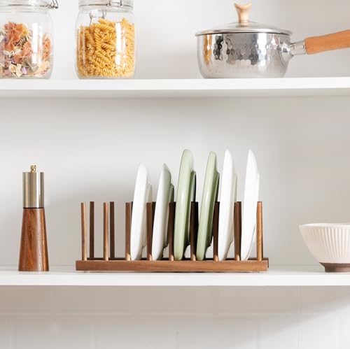HBlife 4pcs Acacia Wooden Dish Dying Rack Pot Lid Plate Organizer Holder for Cabinet, Cutting Board Stand Drainer Storage Plate Rack for Dish, Pot Lid, Bowl, Cup, Cutting Board and Books - color: Acacia 8 Slots 4pcs