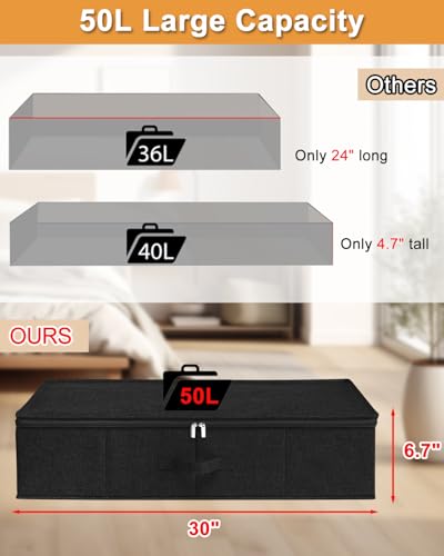 Under Bed Storage Container, 3 Pack Underbed Storage Bags With Lid, Foldable Sturdy Clothes Storage Organizer W/ 3 Handles, Ultra Thick Fabric Blanket Shoe Storage Box, 30x15x6.7inch, Black, 50L - color: Black-3 Pack, size: 6.7 inch Tall
