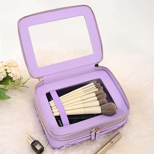 Aveniee Clear Makeup Bags, Double Layer Cosmetic Bags with a Separate Brush Compartment, Large Travel Toiletry Bag Train Case for Women, Travel Accessories Organizer.2 Layers Large, Lilac - color: Lilac, style: Dual Layer Large