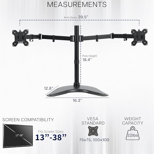 VIVO Dual Ultrawide Monitor Mount, Free-Standing Desk Stand for 2 Screens up to 38 Inches, Heavy-Duty Adjustable Arms, Max VESA 100x100mm, Black, STAND-V038F - color: Black, size: 13" - 38" screens