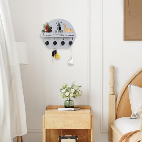 Key Holder for Wall, Key and Mail Holder Organizer - Key Holder Wall Mount with Bouquet Shelf and Key Hooks, Round Wooden Rustic Key Rack for Entryway and Home Decor (Gray) - color: Gray
