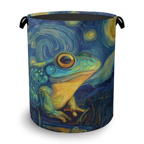 Frog Laundry Basket,Starry Night Moon Foldable Oxford Cloth Tote Bag Laundry Hamper Clothes Storage Bucket Organizer for Bedroom Laundry Storage Dormitories 16" x 20.8" - color: Frog Starry Night Moon