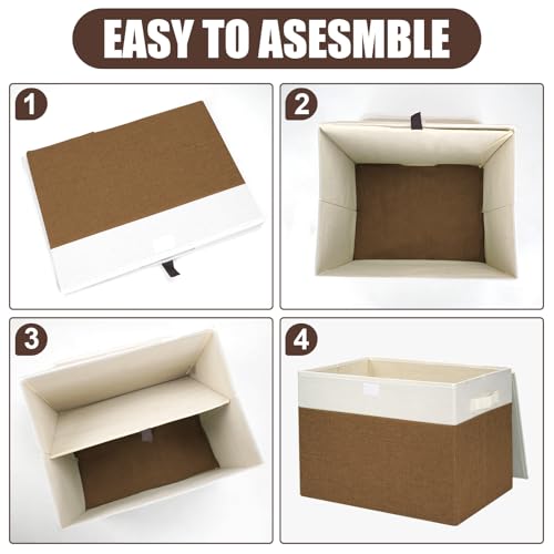 Large 17" 42 Quarts Collapsible Stackable Storage Bins with Lids [3-Pack] Foldable Fabric Linen Storage Boxes Cube, Closet Organizer Baskets with Label for Home (16.7 x 12 x 12", Brown & White) - color: Brown & White, size: Large - 3 Pack