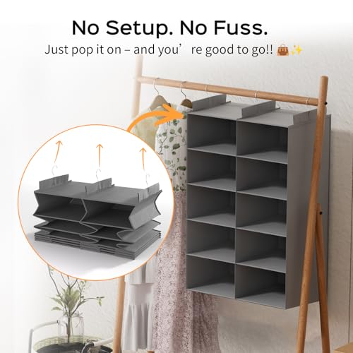 ALLTIDYUP Grey 5-Tier Hanging Closet Storage Organizer - Space-Saving Dual-Row Foldable Shelves with 3 Hooks, Wardrobe Organizer for Dorm, Bedroom, Clothes and Accessories - color: Grey, size: 5 Tier