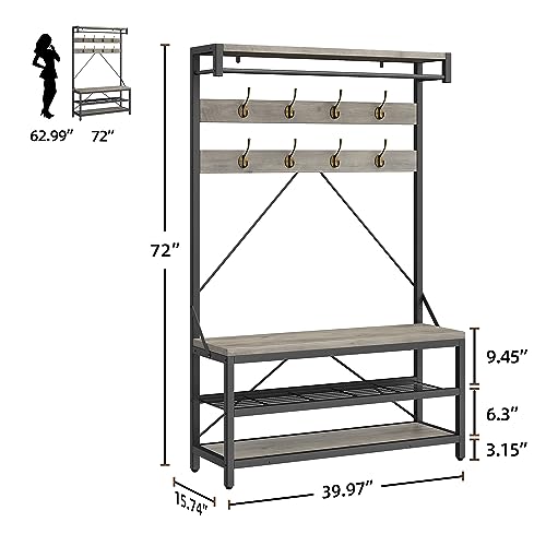 IDEALHOUSE Coat Rack Shoe Bench Industrial Hall Tree Storage Bench for Entryway Wood Look Accent Large Shoe Rack with Storage Shelf Hanging Bar,8 Hooks Grey 39.9"x15.7"x72" - color: Grey