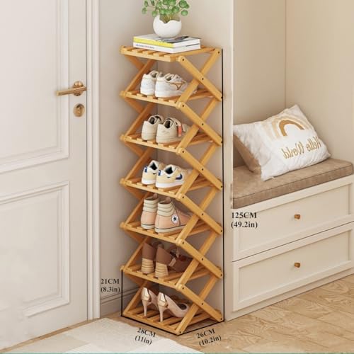 Foldable Shoe Rack, Bamboo Vertical Shoe Organizer Tall for Small Spaces. Multifunctional Narrow Shoe Shelf for Entryway, Closet, Corner, Bedroom, Hallway, Wood Color 7 Layers - color: Wood Color, size: 7 Layers